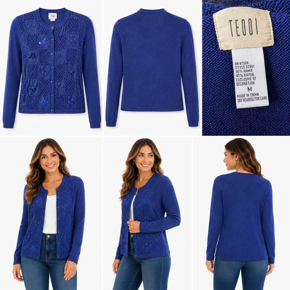 Vintage TEDDI Crochet Cardigan Blue Embroidered Women’s M